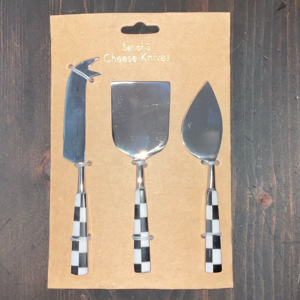 Black and White Checkered Set of 3 Cheese Knives